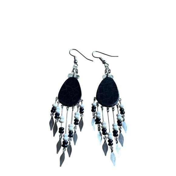 Southwestern Aztec Patterned Dangle Earrings Fringe Black White Silvertone Boho - Picture 2 of 2